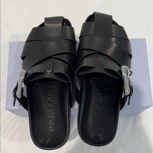 AEROSOLES Black Slide Sandals with Metallic Buckle